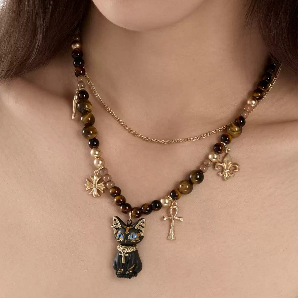 Kobine Women's Grunge Two-layer Cat Cross Necklace