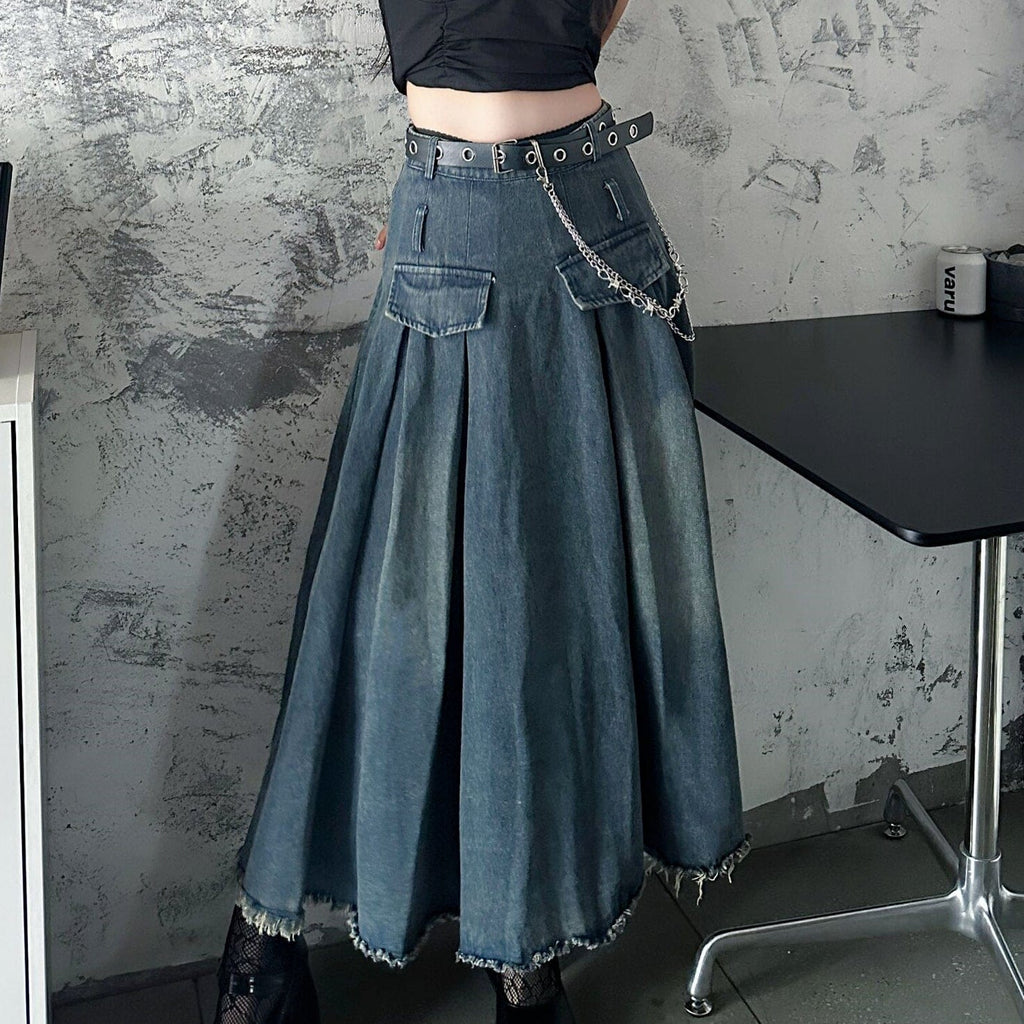 Kobine Women's Grunge Unedged Pleated Skirt with Belt
