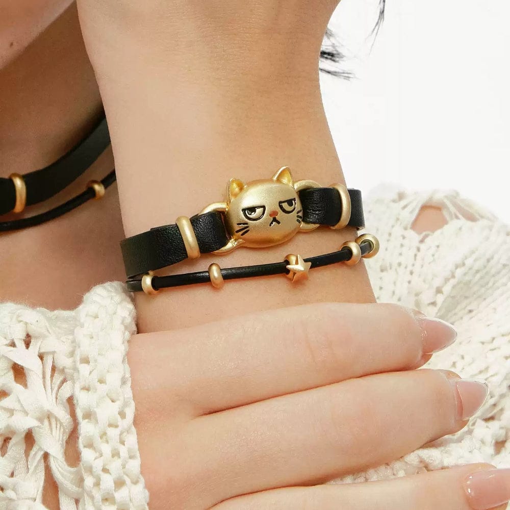 Kobine Women's Grunge Unhappy Cat Double-layered Bracelet