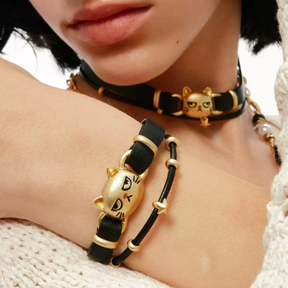 Kobine Women's Grunge Unhappy Cat Double-layered Bracelet