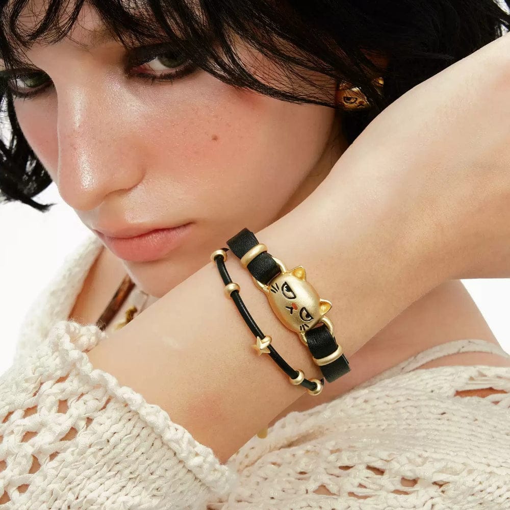 Kobine Women's Grunge Unhappy Cat Double-layered Bracelet