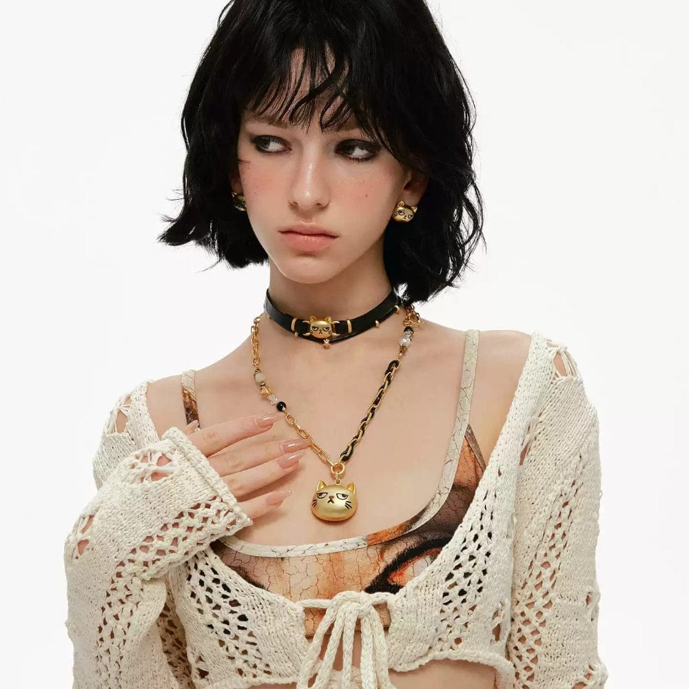 Kobine Women's Grunge Unhappy Cat Double-layered Choker