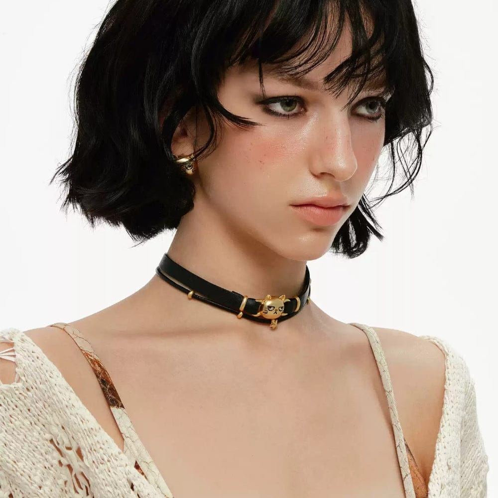 Kobine Women's Grunge Unhappy Cat Double-layered Choker