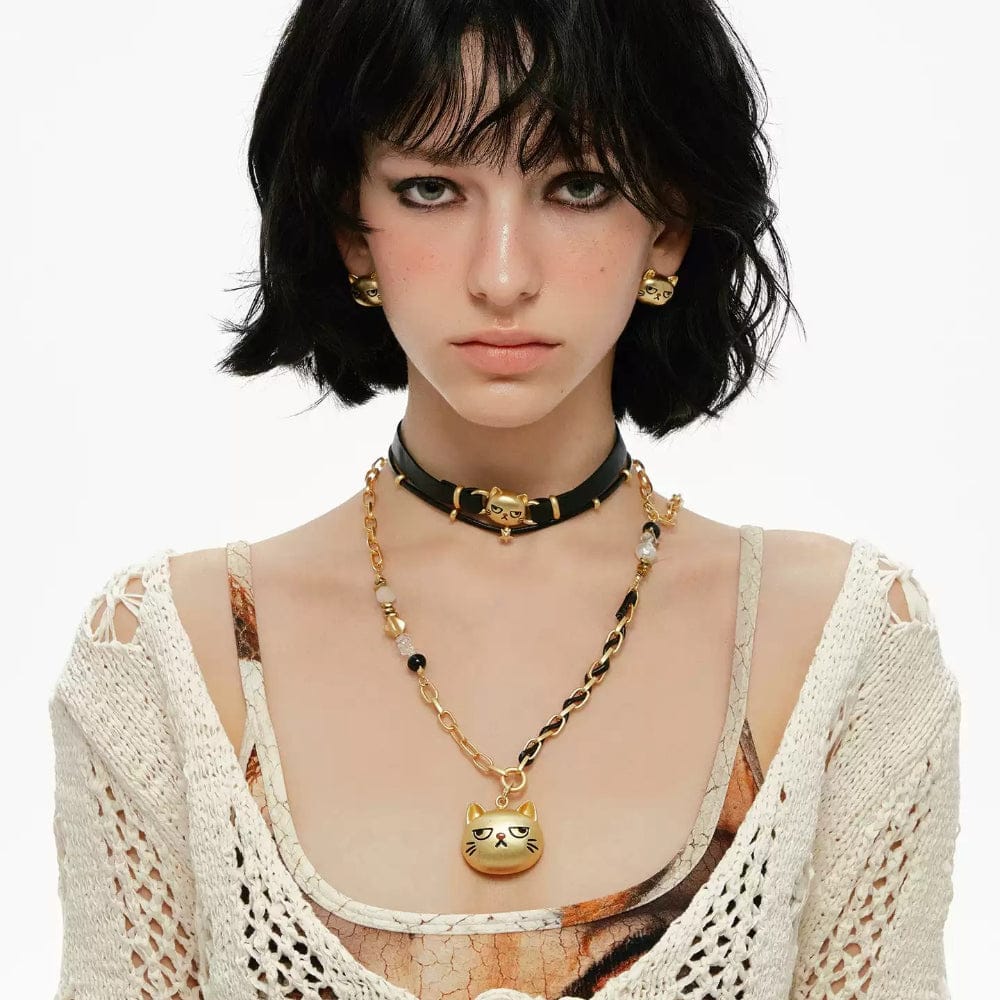 Kobine Women's Grunge Unhappy Cat Double-layered Choker