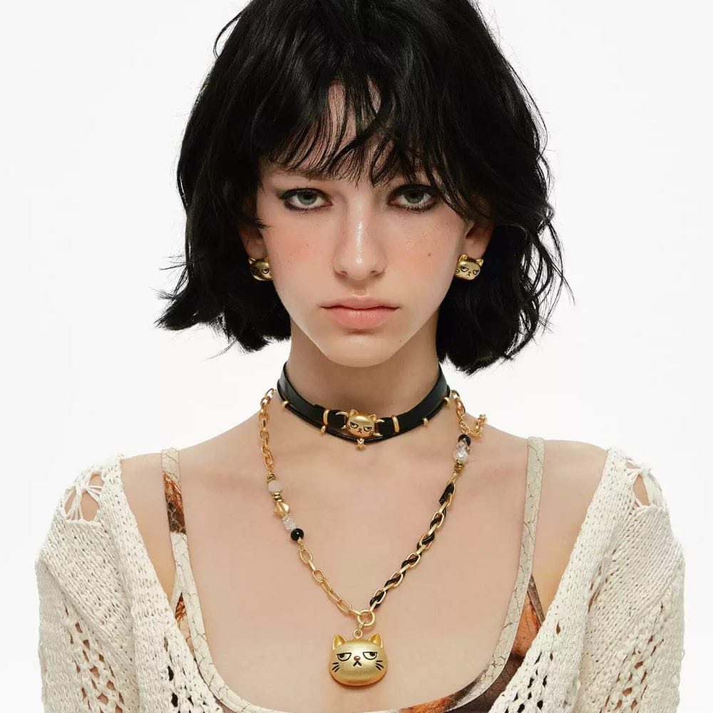 Kobine Women's Grunge Unhappy Cat Earrings