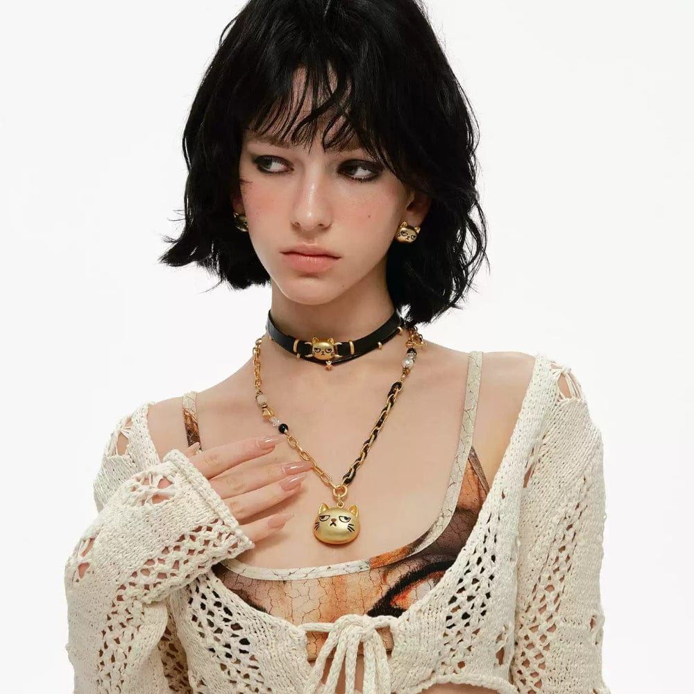 Kobine Women's Grunge Unhappy Cat Long Necklace