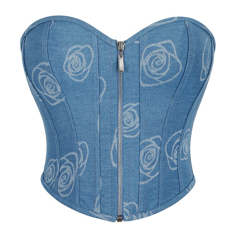 Kobine Women's Grunge Zipper Rose Denim Overbust Corset