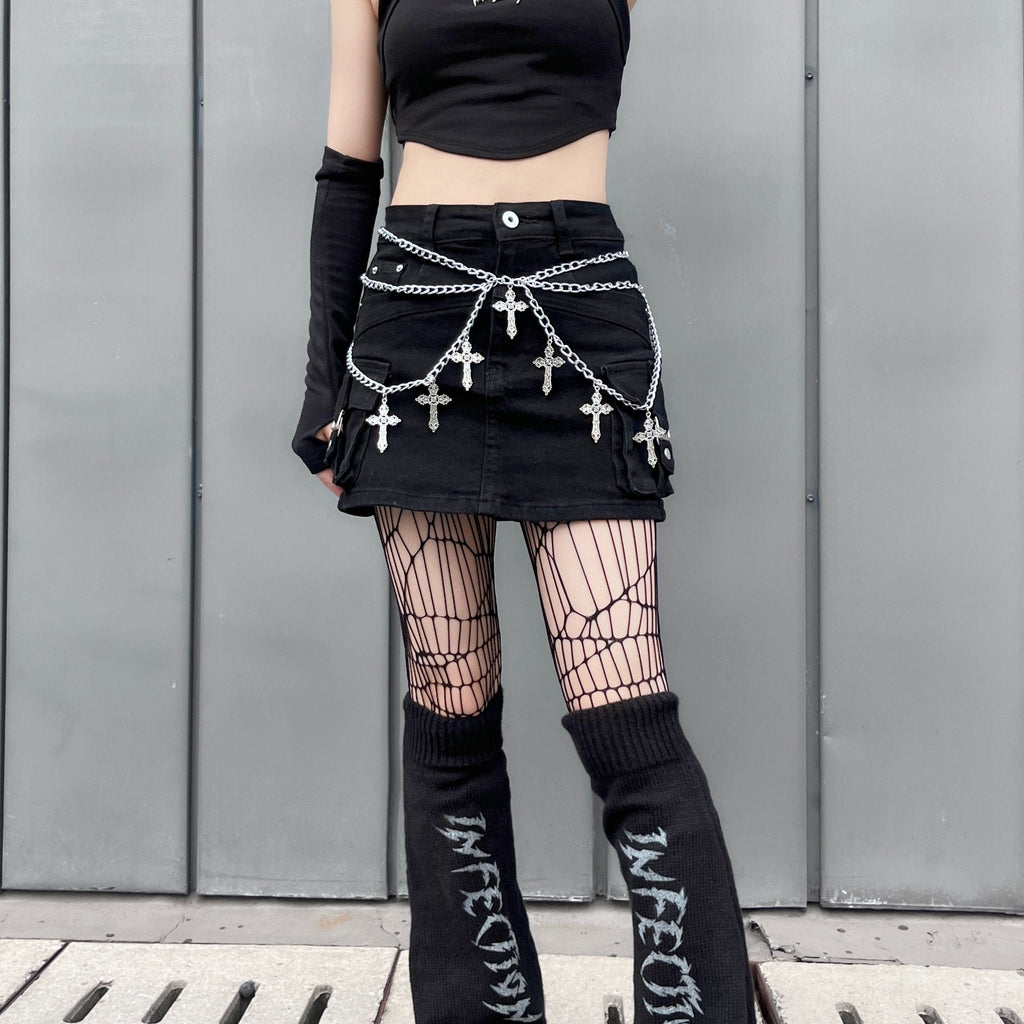 Kobine Women's Punk Big-pocket Distressed Skirt with Belt