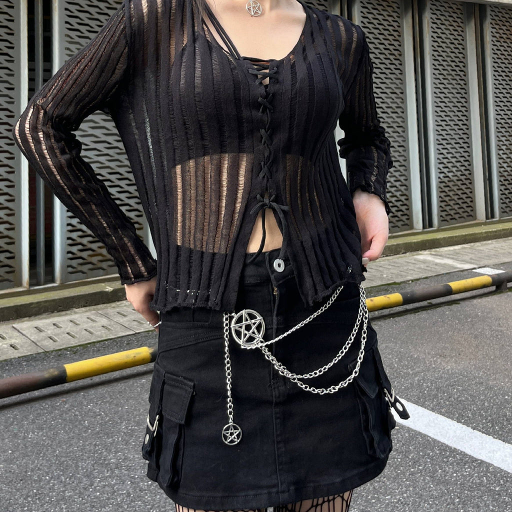 Kobine Women's Punk Big-pocket Distressed Skirt with Belt