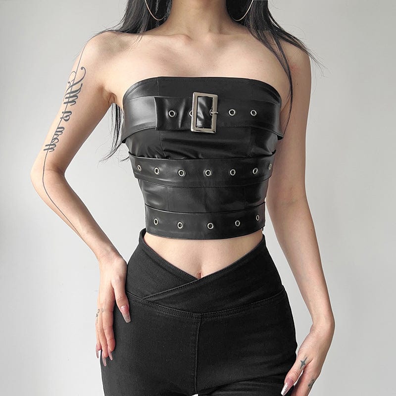 Varsbaby Faux Leather Bustier Crop Top Punk Push Up Women's