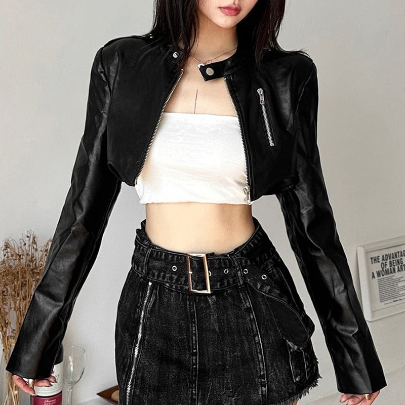 Kobine Women's Punk Buckle Faux Leather Short Jacket