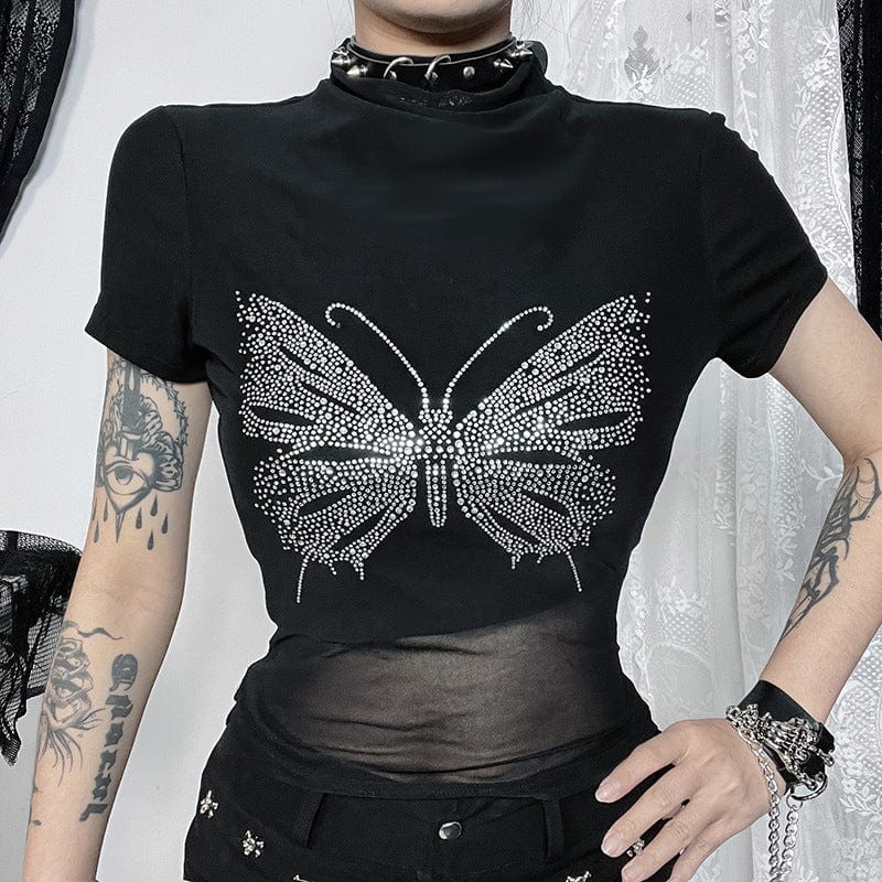 Kobine Women's Punk Butterfly Rhinestone Mesh Splice Shirt