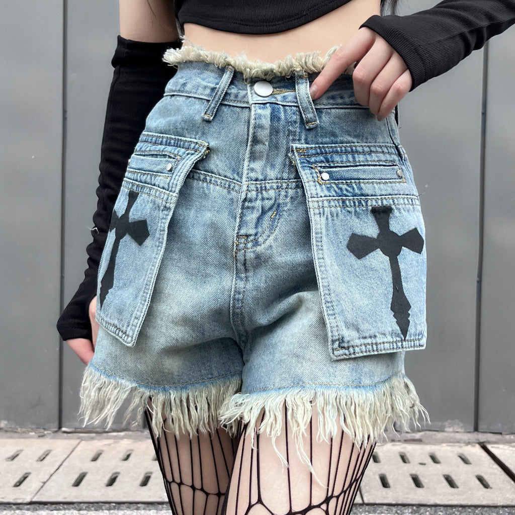Kobine Women's Punk Cross Embroidered Unedged Shorts