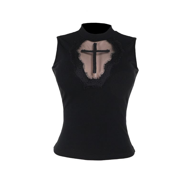 Kobine Women's Punk Cross Embroidered Unedged Tank Top