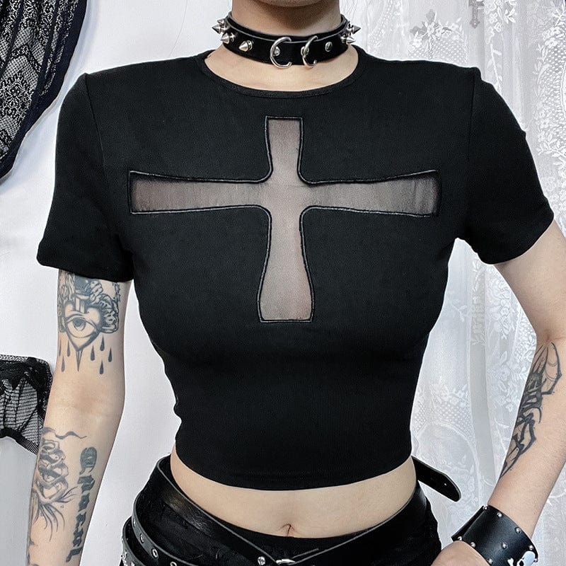 Kobine Women's Punk Cross Mesh Splice Crop Top