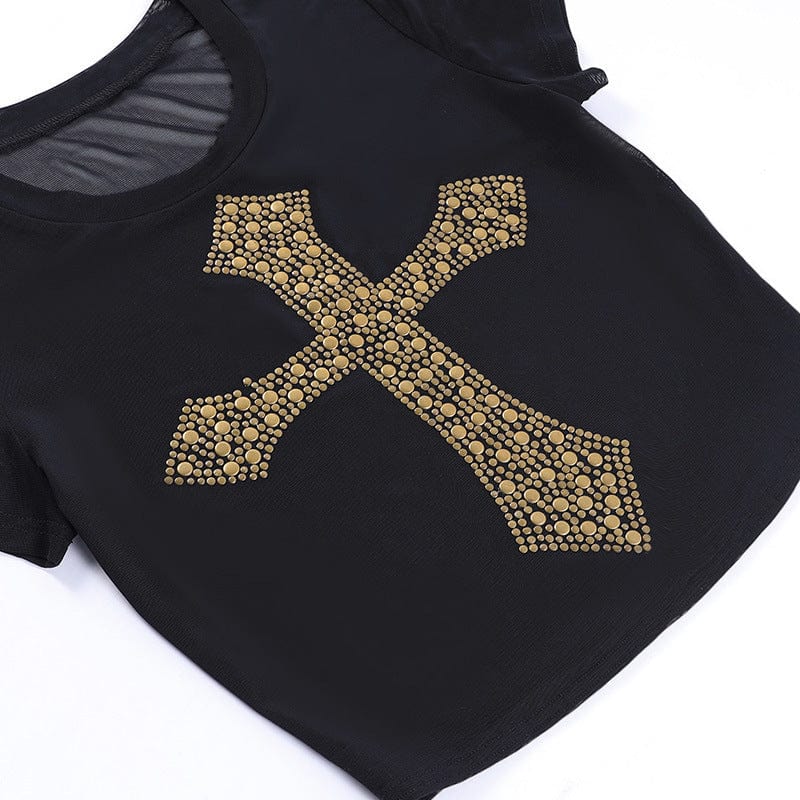 Kobine Women's Punk Cross Nailed Mesh Crop Top