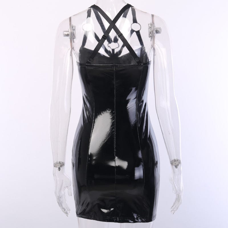 Kobine Women's Punk Cross Patent Leather Slip Dress