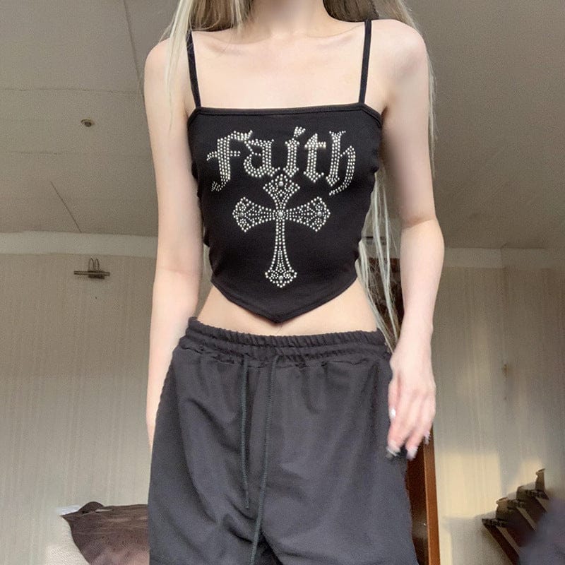 Women's Grunge Slim Fitted Black Tank Tops with Cross Chain – Punk Design