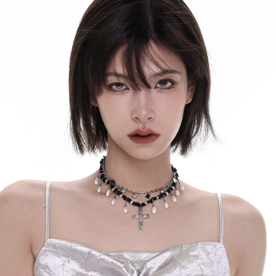 Kobine Damen Punk Cross Zweilagige Perlenkette