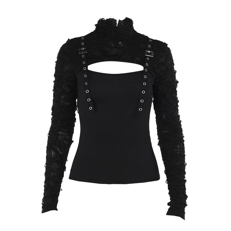 Kobine Women's Punk Cut-out Buckle-up Long Sleeved Shirt