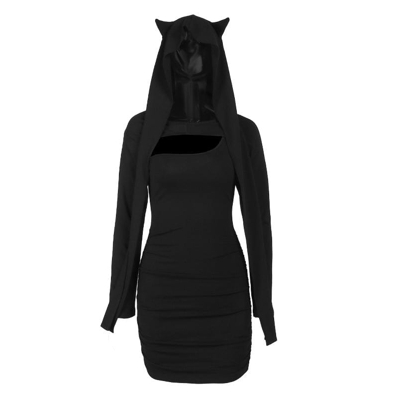 Kobine Women's Punk Cutout Long Sleeved Dress with Devil Hood