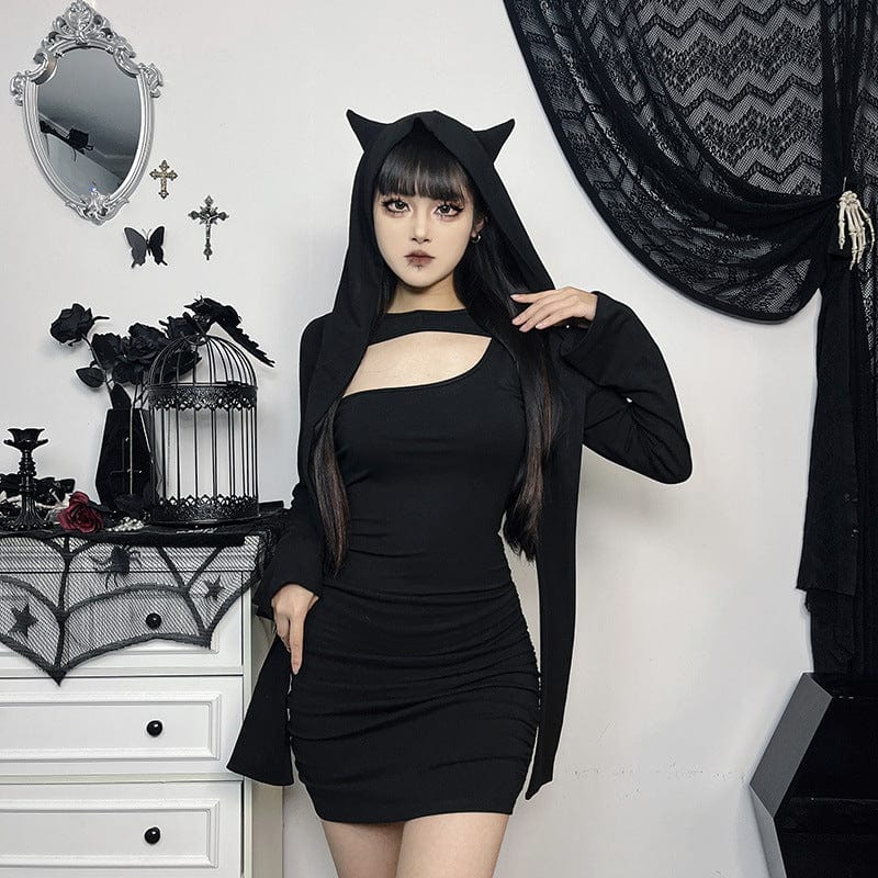 Kobine Women's Punk Cutout Long Sleeved Dress with Devil Hood