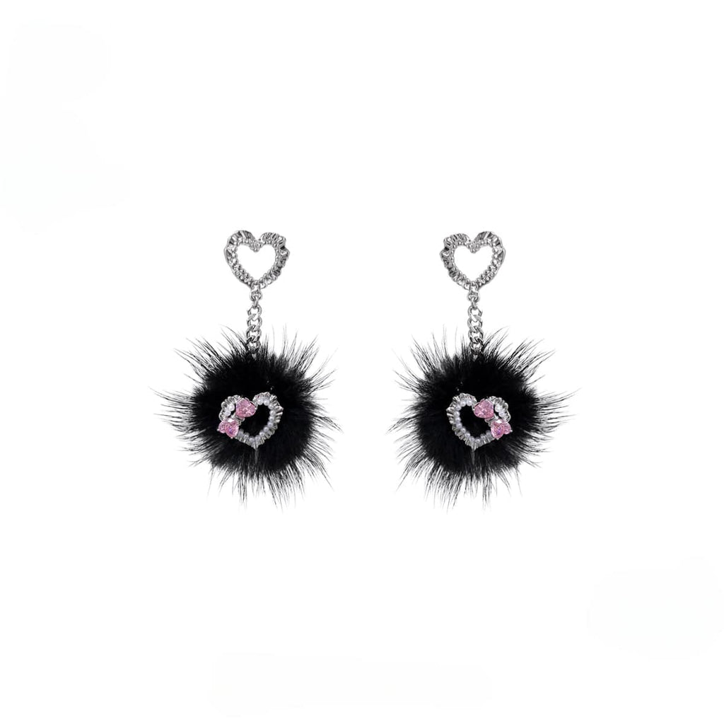 Kobine Women's Punk Diamante Heart Fluffy Earrings