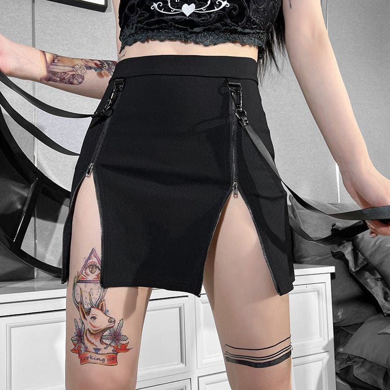 Kobine Women's Punk Double Zip Wrap Skirt with Straps