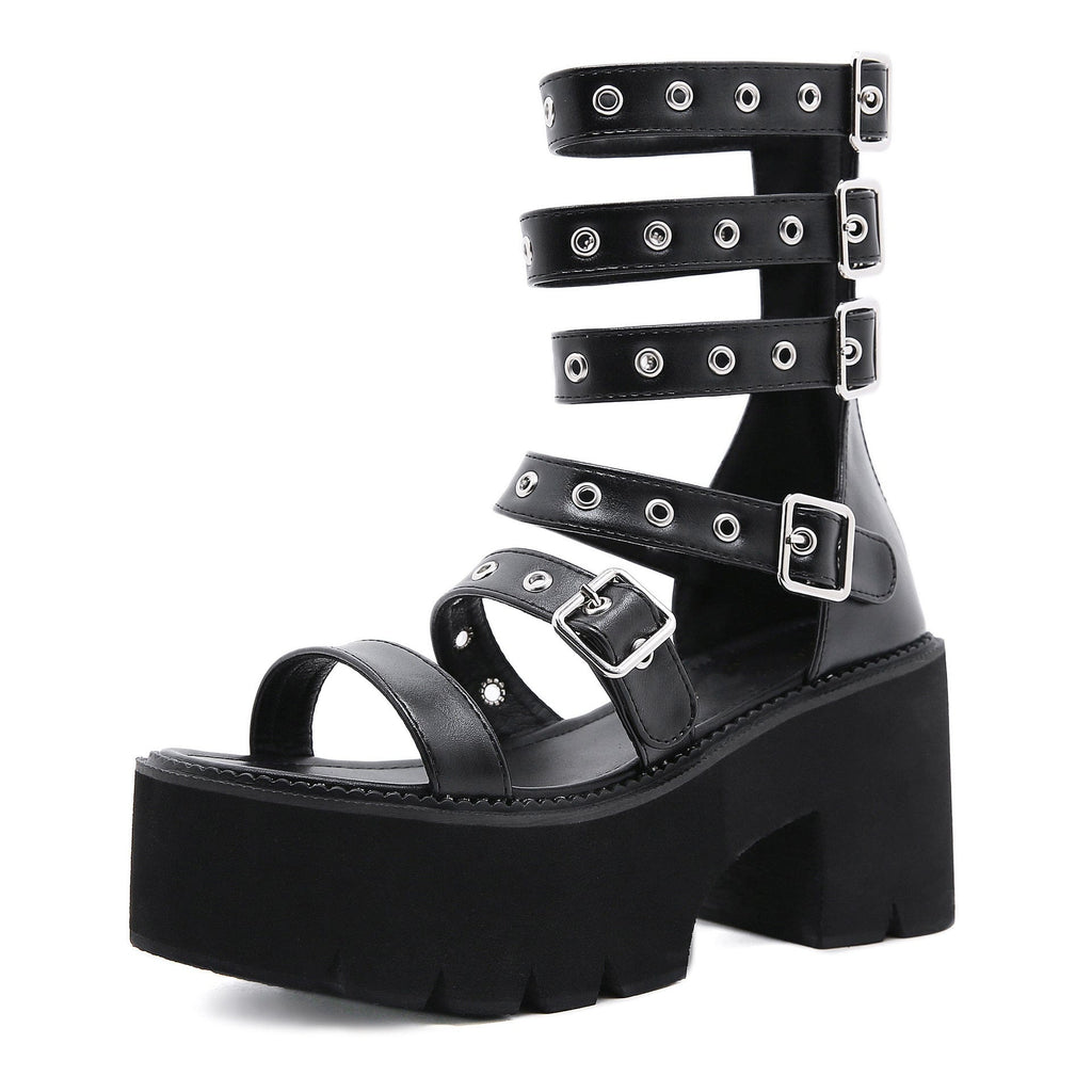 Kobine Women's Punk Eyelets Layered Buckles Open-toe Platform Sandals