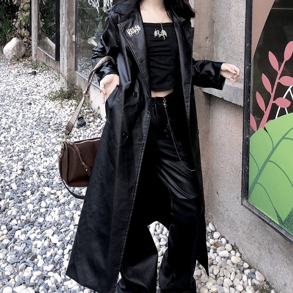 Kobine Women's Punk Faux Leather Long Coat