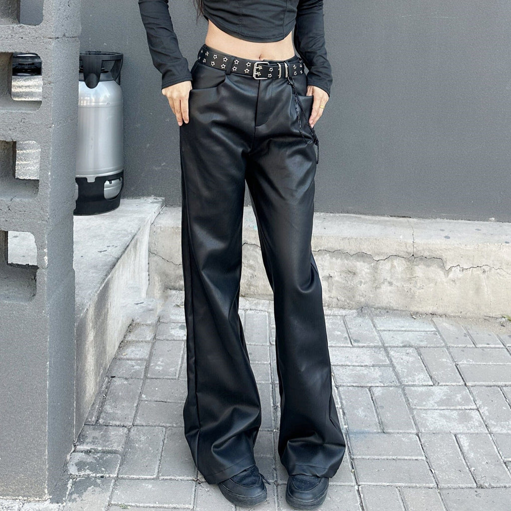 Kobine Women's Punk Faux Leather Loose Pants