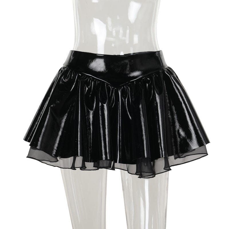 Kobine Women's Punk Faux Leather Mesh Short Skirt