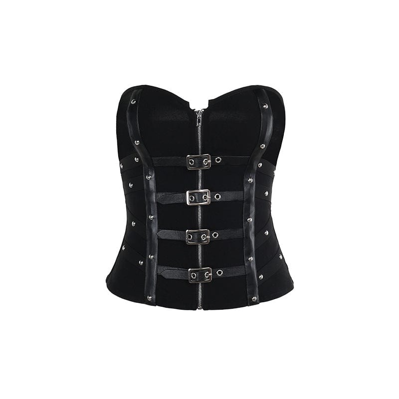 Kobine Women's Punk Faux Leather Strap Splice Buckle Bustier