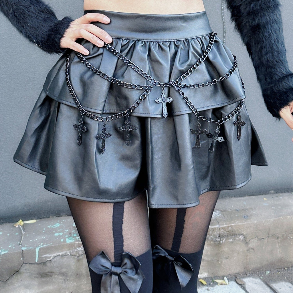 Kobine Women's Punk Flared Faux Leather Short Skirt