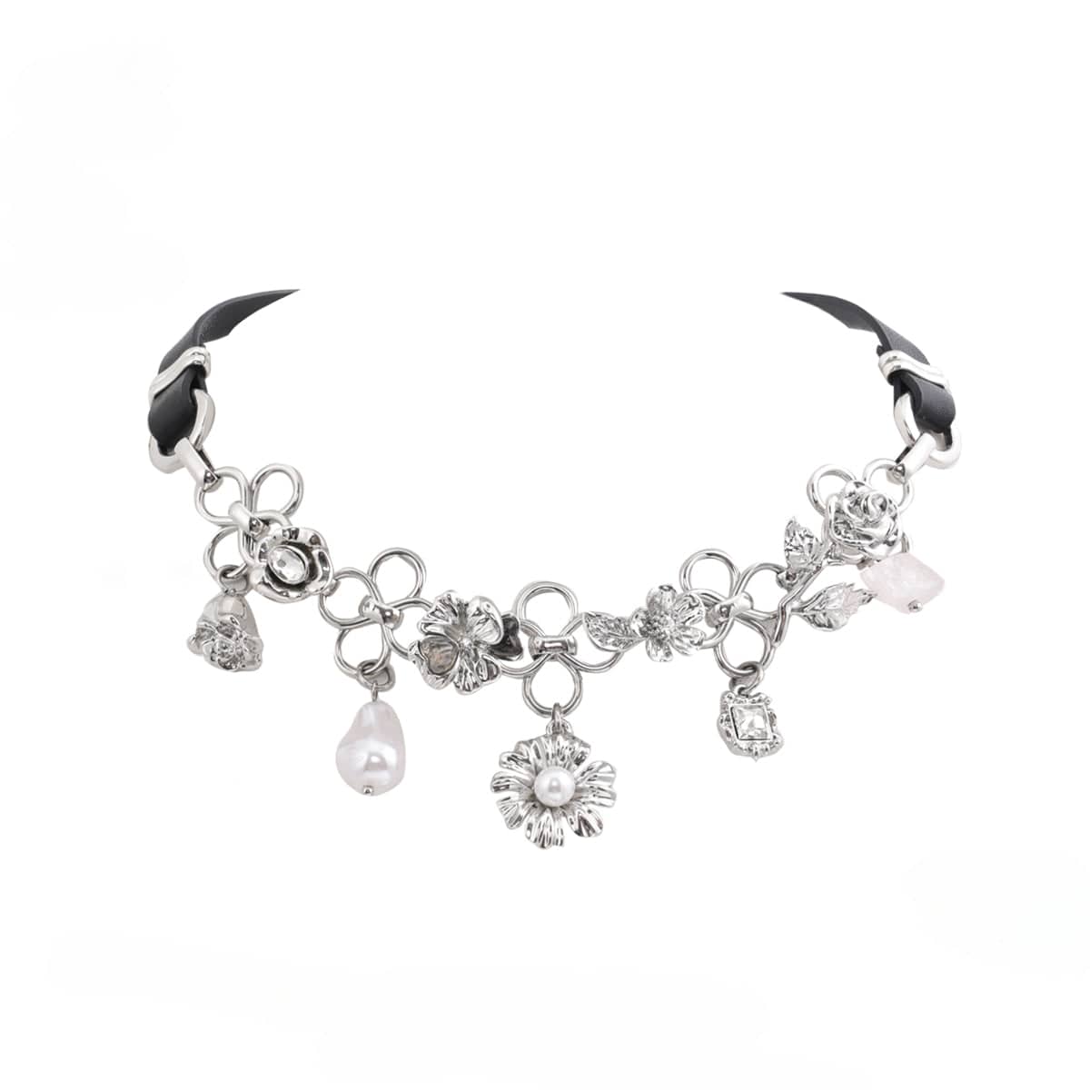 Kobine Damen-Halskette mit Perlen und Punk-Blumenmotiv