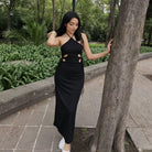 Kobine Damen Punk Neckholder-Kleid mit seitlicher Schnürung, langes Kleid