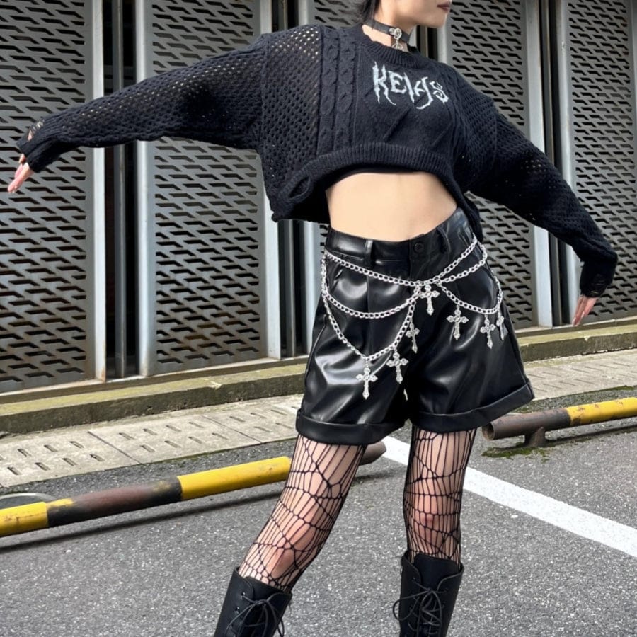 Kobine Women's Punk Hemming Faux Leather Shorts with Belt
