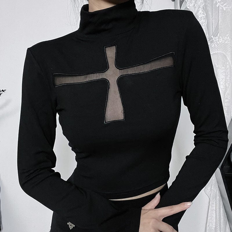 Kobine Women's Punk High Neck Cutout Long-sleeved Shirt