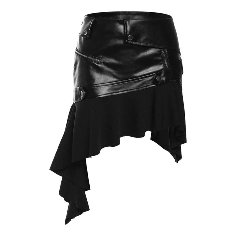 Kobine Women's Punk Irregular Hem Faux Leather Skirt