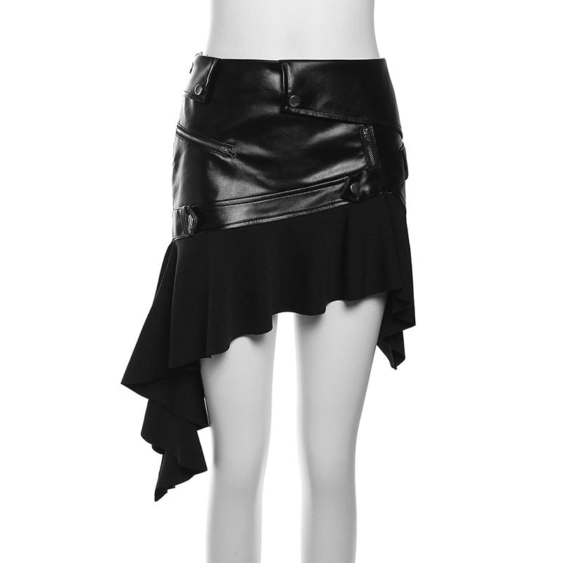 Kobine Women's Punk Irregular Hem Faux Leather Skirt
