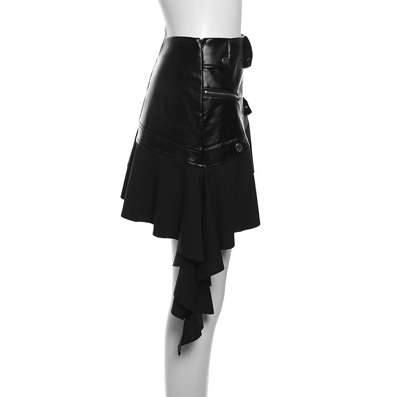 Kobine Women's Punk Irregular Hem Faux Leather Skirt