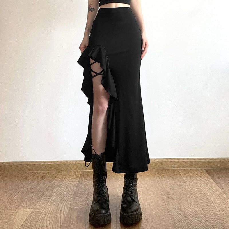 Kobine Women's Punk Irregular Ruffled Split Skirt