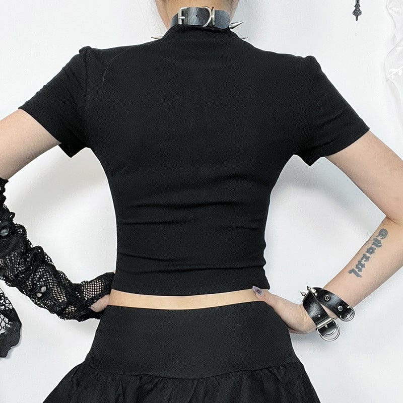 Kobine Women's Punk Lace Cutout Printed Short Sleeved Crop Top