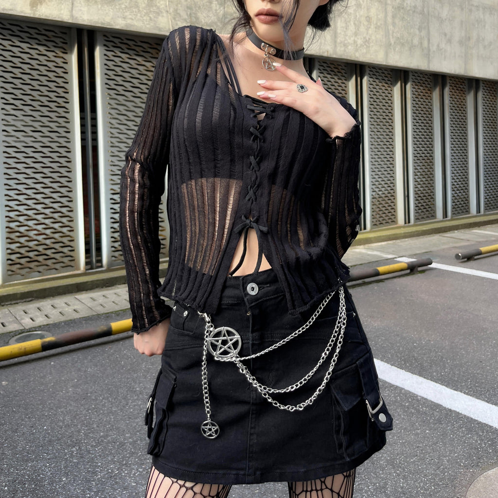 Kobine Women's Punk Lace-up Sheer Knitted Cardigan