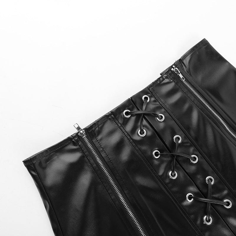 Kobine Women's Punk Lace-up Zipper Faux Leather Short Skirt