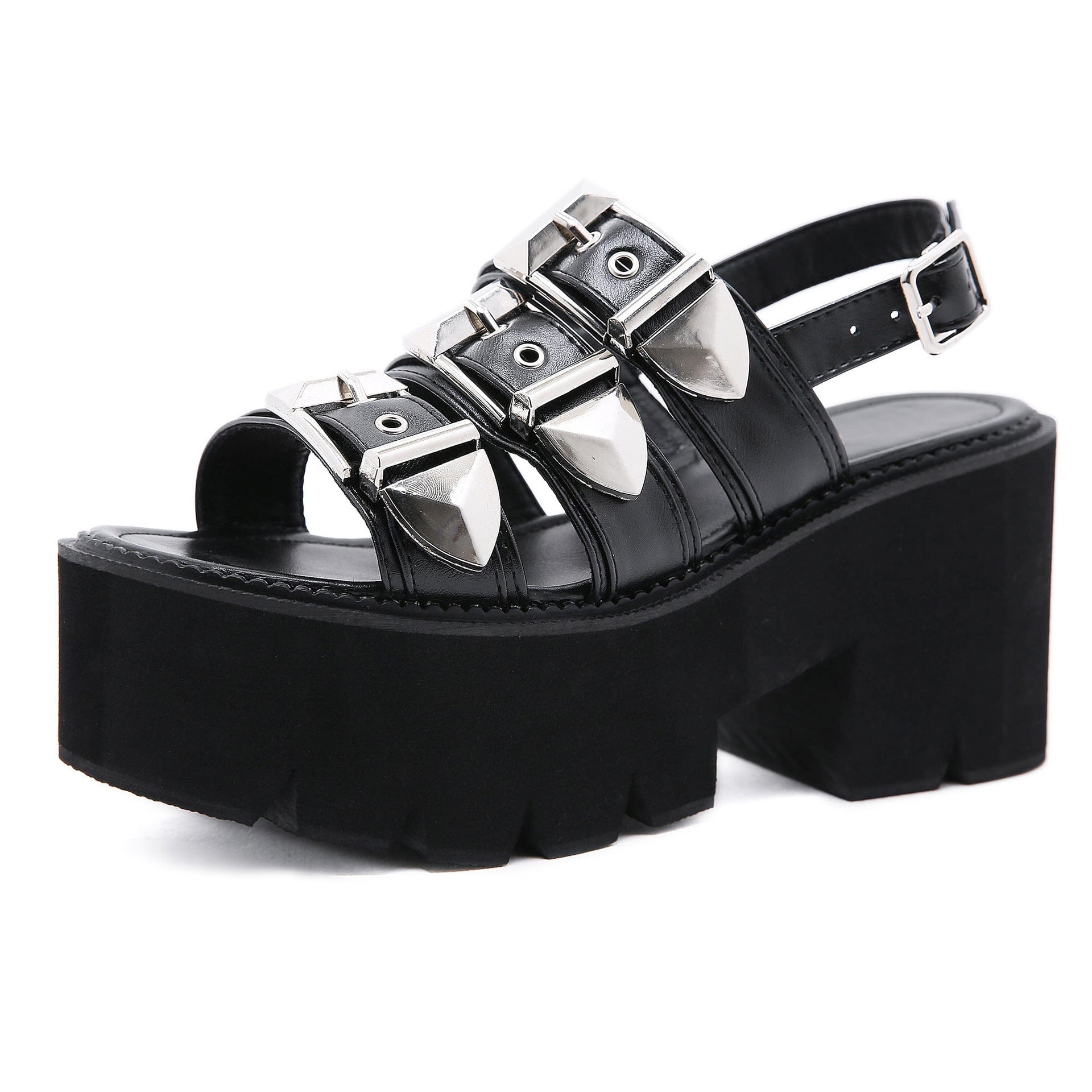 Kobine Damen Punk-Plateausandalen mit mehrlagigen Schnallen und Peep-Toe