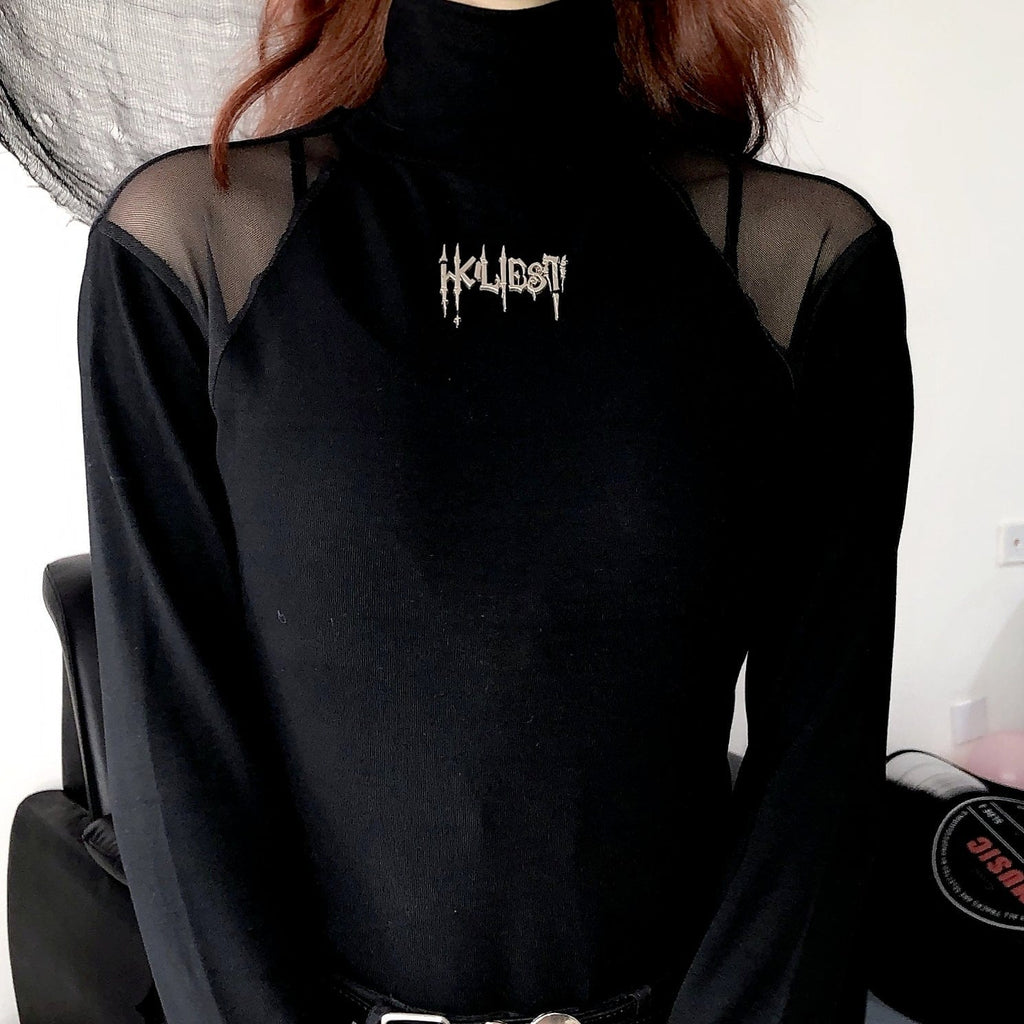 Kobine Women's Punk Mesh High Collar Long Sleeved Shirt