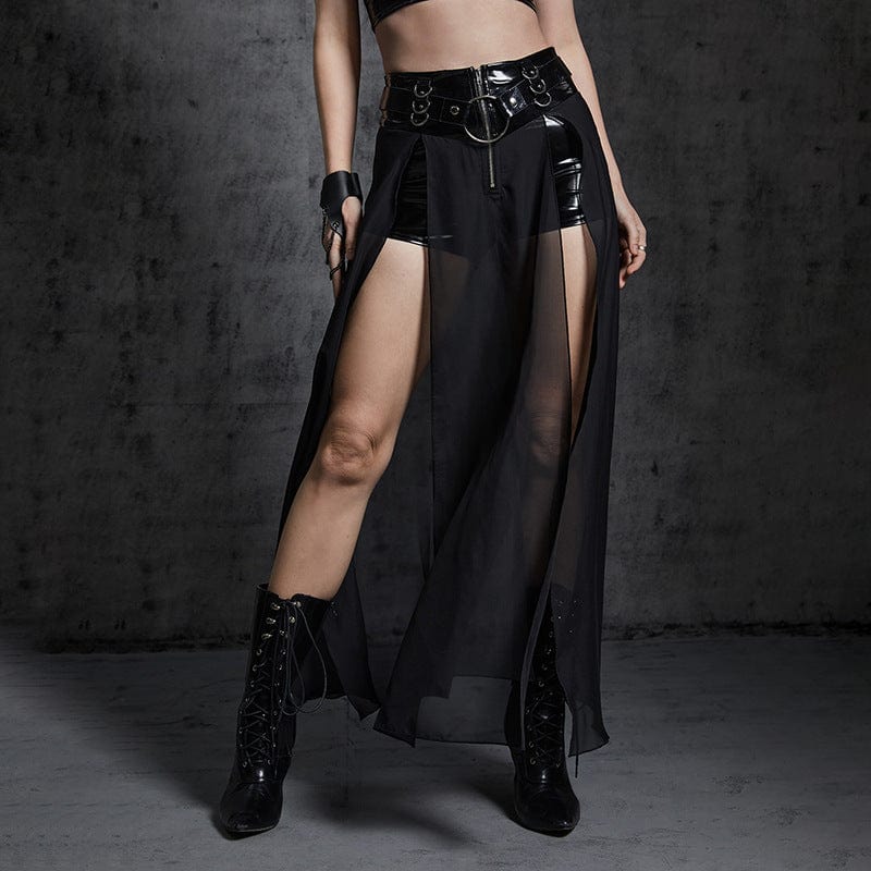 Kobine Women's Punk Mesh Splice Patent Leather Split Skirt