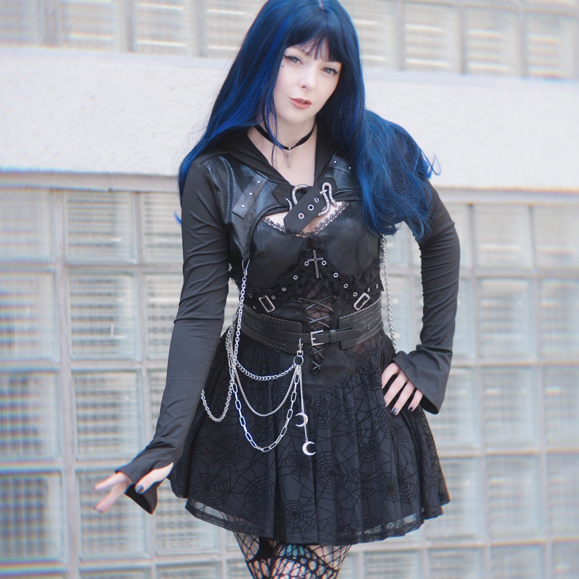 Kobine Women's Punk Mesh Splice Snake Buckle Cape with Hood