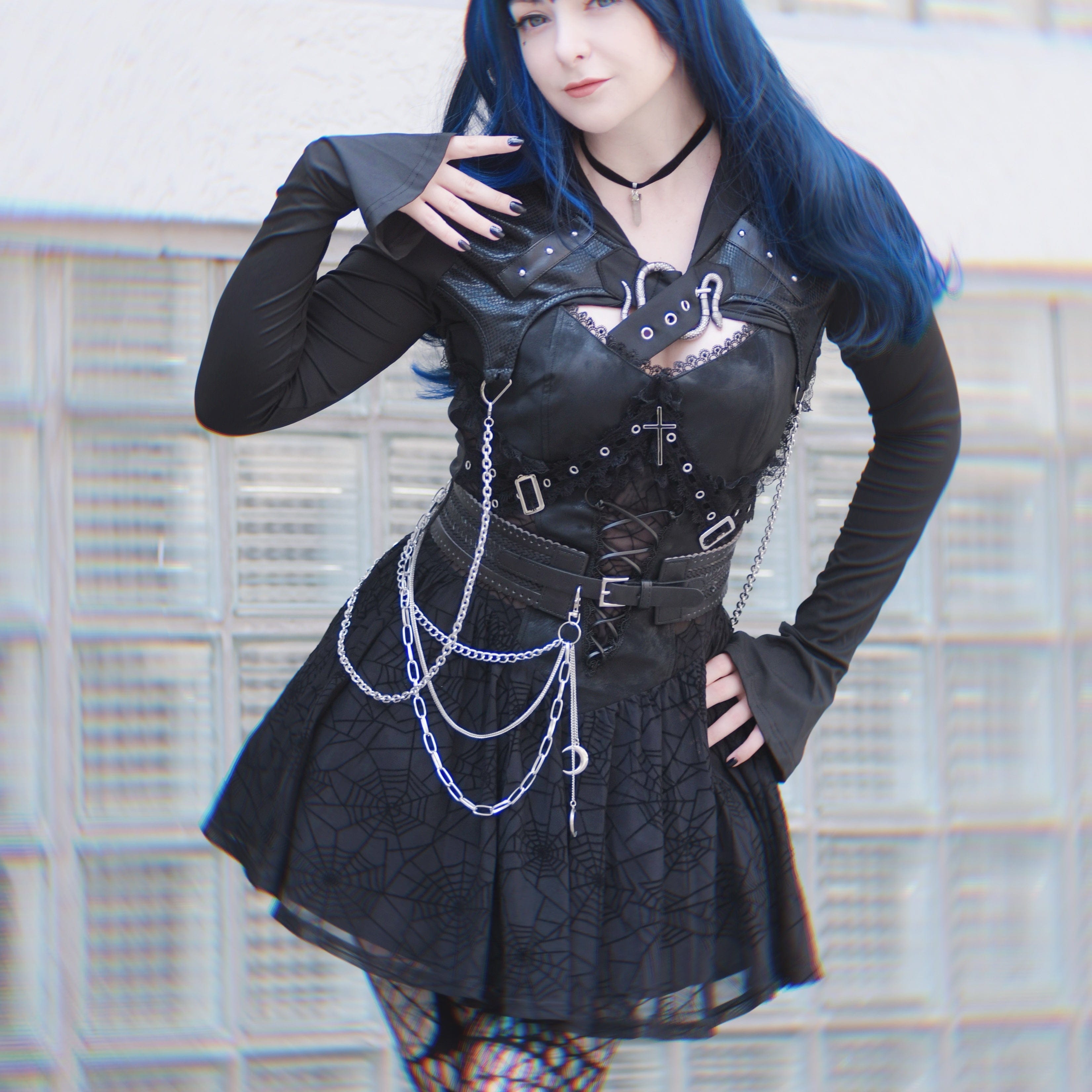 Kobine Women's Punk Mesh Splice Snake Buckle Cape with Hood